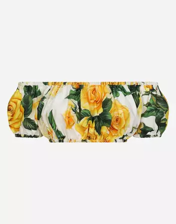 Bardot-neck crop top in yellow rose-print cotton in Print for | Dolce&Gabbana® US