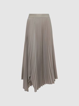 Reiss Champagne Jodie Pleated Asymmetric Midi Skirt | REISS USA