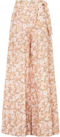 Elaina Floral-print Linen Wide-leg Pants - Peach