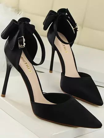 Silky Satin Bow Detail High Heeled Pointed Toe Pumps In BLACK | ZAFUL 2024