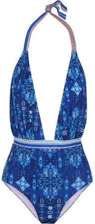 Printed Halterneck Swimsuit - Blue