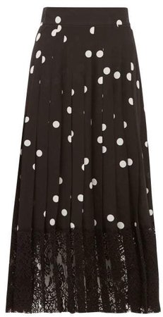 Lace Trimmed Polka Dot Pleated Silk Blend Skirt - Womens - Black White
