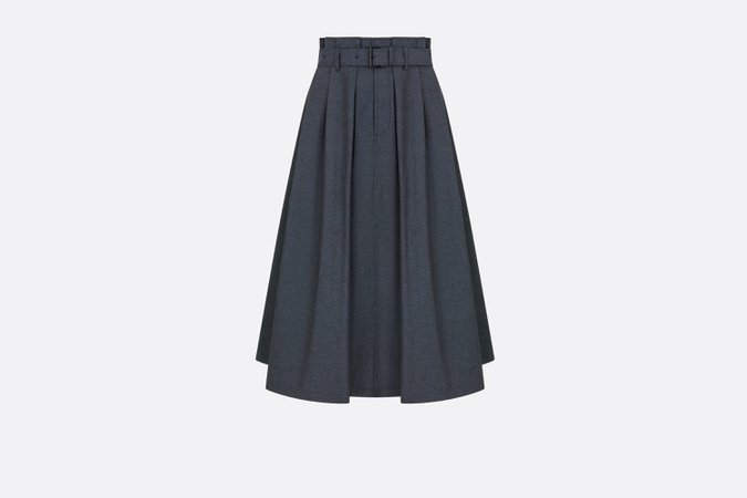 Flared Mid-Length Skirt with Belt Deep Blue Denim-Effect Technical Cotton | DIOR