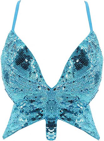 Novia's Choice Women's Sequin Crop Top Butterfly Tank Top Bandage Indian Belly Dance Costume Outfits(Lake Blue) at Amazon Women’s Clothing store