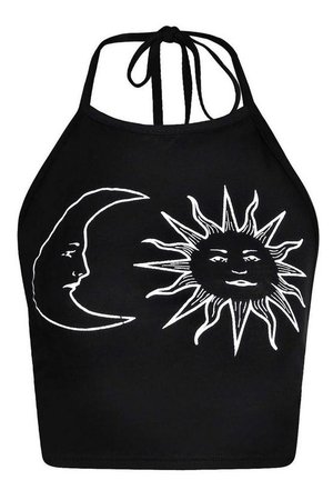 Sun & Moon Print Halter Tie Crop | Boohoo