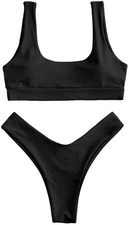 Amazon.com: ZAFUL Women's Scoop Neck Padded Solid High Cut Bikini Set Two Piece Swimsuit (C-Green, M) : Clothing, Shoes & Jewelry