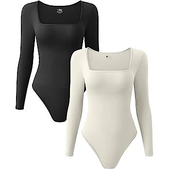 OQQ Women's 2 Piece Sexy Ribbed One Square Neck Long Sleeve BodySuit, Black Beige, Small at Amazon Women’s Clothing store