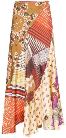 floral patchwork print silk skirt