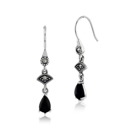 Sterling Silver 0.86ct Black Onyx & 8.4pt Marcasite Art Deco Style Drop Earrings