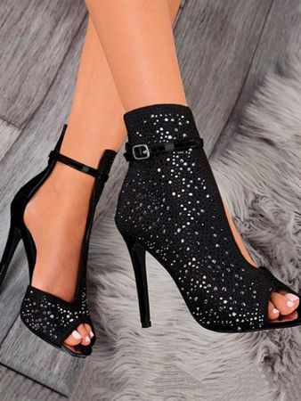 Black Round Toe Rhinestone Stiletto Fashion High-Heeled Shoes