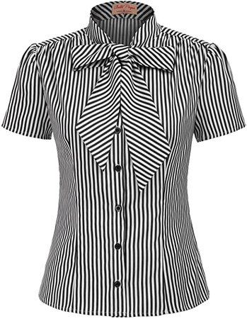 Belle Poque Summer Short Sleeve Office Button Down Blouse Stripe Shirt Tops with Bow Tie BP573 at Amazon Women’s Clothing store