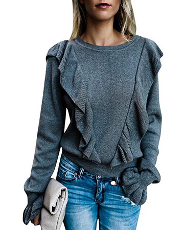 Valphsio Womens Ruffle Crewneck Sweater Long Sleeve Loose Knit Pullover Sweater Dark Gray at Amazon Women’s Clothing store
