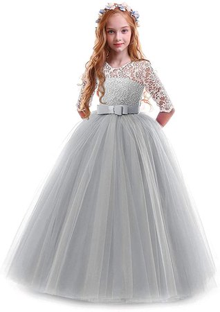 Amazon.com: Spring Flower Girl Wedding Bridesmaid 3/4 Sleeves Kids Floral Lace Pageant Communion Princess Dress Prom Evening Dance Gown Gray 11-12 Years: Clothing, Shoes & Jewelry