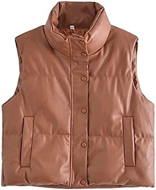 LianLive Women's Casual PU Leather Stand-up Collar Sleeveless Puffer Vest Jacket at Amazon Women's Coats Shop