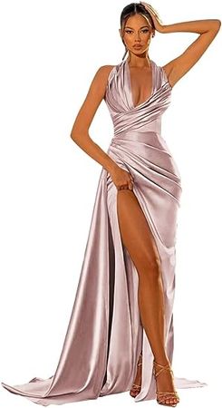 Eightale Halter V-Neck Prom Dresses Satin Long Ruched with Slit Mermaid Formal Evening Gown at Amazon Women’s Clothing store