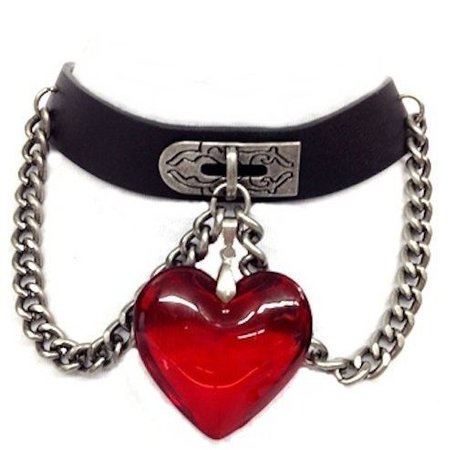 Gothic Black Leather Red Heart Crystal Choker