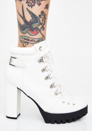 Heeled Ankle Boots Treaded Lace Up White | Dolls Kill