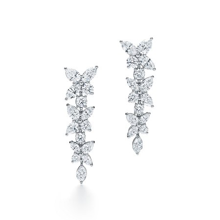 Tiffany Victoria® mixed cluster drop earrings in platinum with diamonds. | Tiffany & Co.