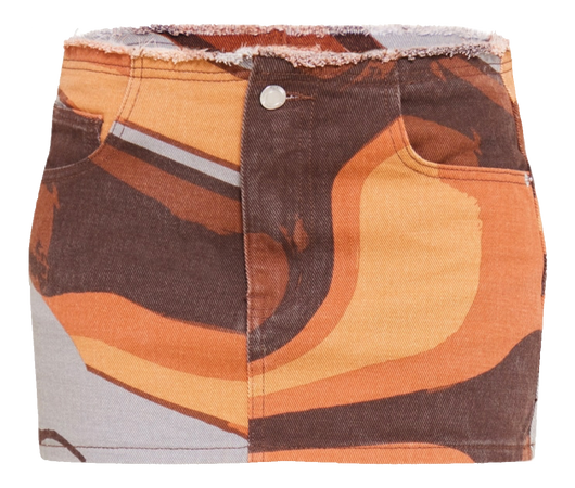 PLT- brown retro swirl print distressed hem low rise denim mini skirt