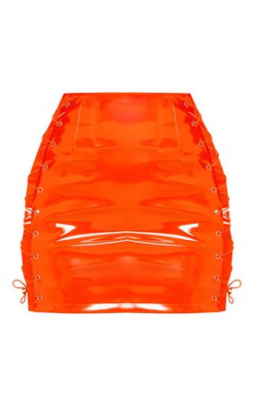 Neon Orange Vinyl Lace Up Mini Skirt | PrettyLittleThing
