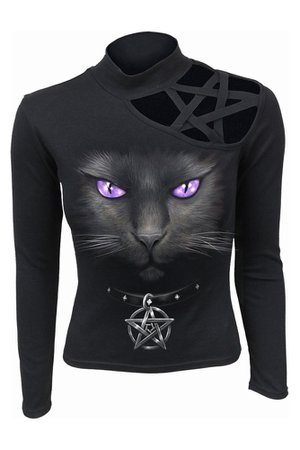Black Cat Pentagram Longsleeve Gothic Top by Spiral Direct