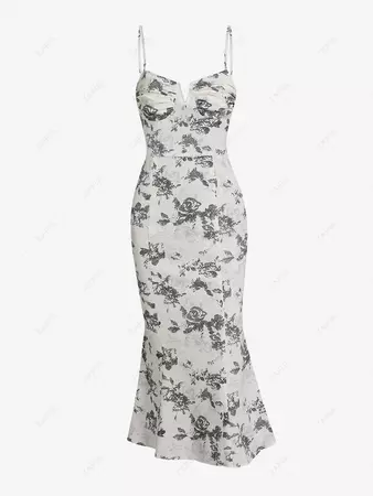 ZAFUL Floral Print V Wired Mock Button Ruched Cups Midi Mermaid Dress In WHITE | ZAFUL 2024