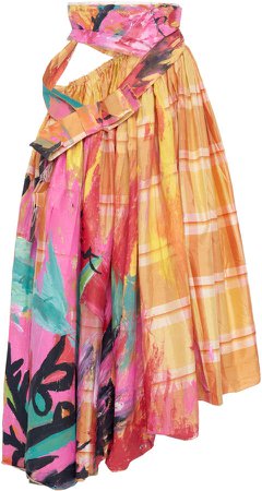 Marni Painted Plaid Silk Cutout Midi Skirt Size: 36