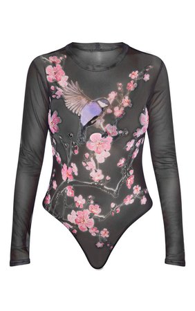 Black Oriental Printed Mesh Long Sleeve Bodysuit | PrettyLittleThing USA