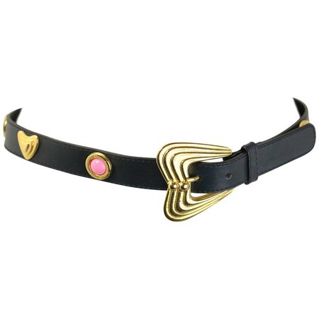 Escada Black Leather with Gold Toned Heart Shaped Charms and Pink Stones Belt For Sale at 1stdibs