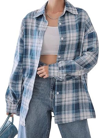 Ailoqing Plaid Shirts for Women Long Sleeve Button Down Flannel Shirts Buffalo Blouse Tops at Amazon Women’s Clothing store