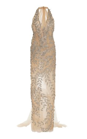 Crystal Leaf Embroidered Column Gown By Oscar De La Renta | Moda Operandi