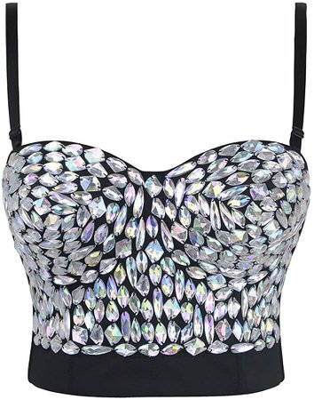 Charmian Women's Spaghetti Straps Rhinestone Beaded Push Up Bra Studded Gem Clubwear Party Bustier Crop Top Blue Small at Amazon Women’s Clothing store