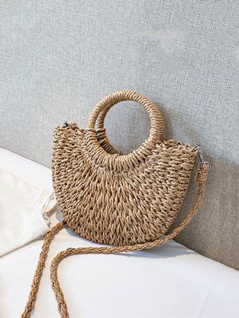 Lightweight Half-Round Woven Straw Bag, Women's Summer Crossbody Bag, Casual Beach Handbag For Holiday Mini Minimalist Straw Bag, Mothers Day Gift For Mom For Teen Girls Women College Students Perfect for College,Outdoors, Travel, Outings | SHEIN