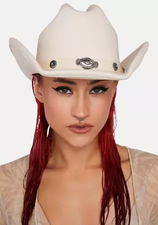 Concho Cowboy Hat With Turquoise Studs - White – Dolls Kill