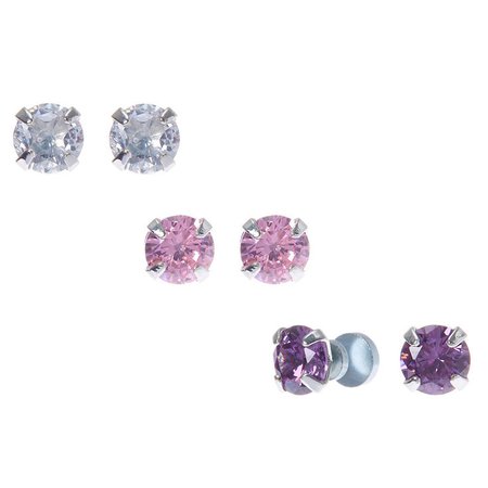 Silver Cubic Zirconia 5MM Round Magnetic Earrings - 3 Pack | Claire's US
