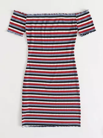 Off shoulder Lettuce Trim Rib-knit Striped Dress | SHEIN USA