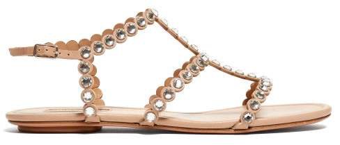 Tequila Crystal Embellished T Bar Leather Sandals - Womens - Nude