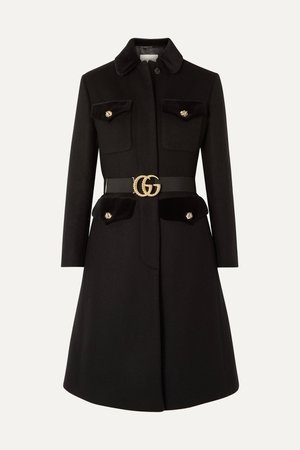 Black Belted velvet-trimmed wool-blend felt coat | Gucci | NET-A-PORTER