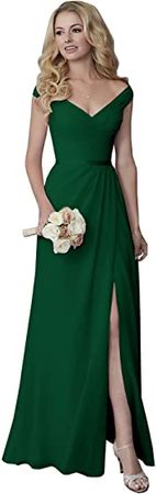 Women's Off The Shoulder Bridesmaid Dresses for Wedding Long Pleated Chiffon Formal Gowns