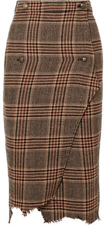 Distressed Wool-tweed Wrap Midi Skirt - Brown