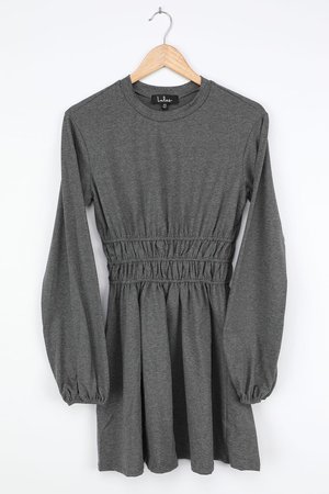 Charcoal Grey Mini Dress - Balloon Sleeve Dress - Skater Dress