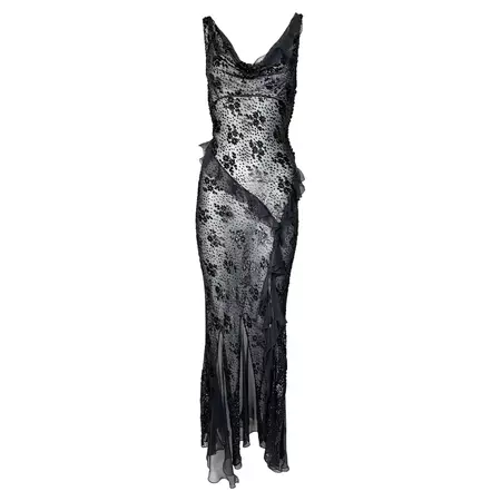 F/W 2004 Christian Dior by John Galliano Black Glitter Sheer Floral Maxi Dress For Sale at 1stDibs