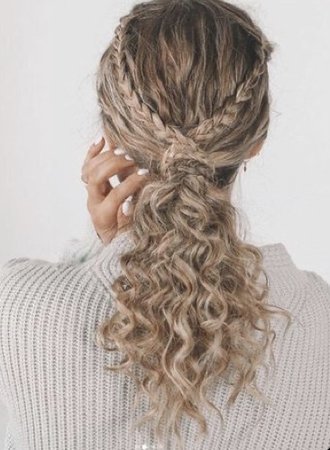 dirty blonde curly hair ponytail with two braids