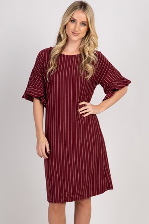 Burgundy Striped Ruffle Trim Dress