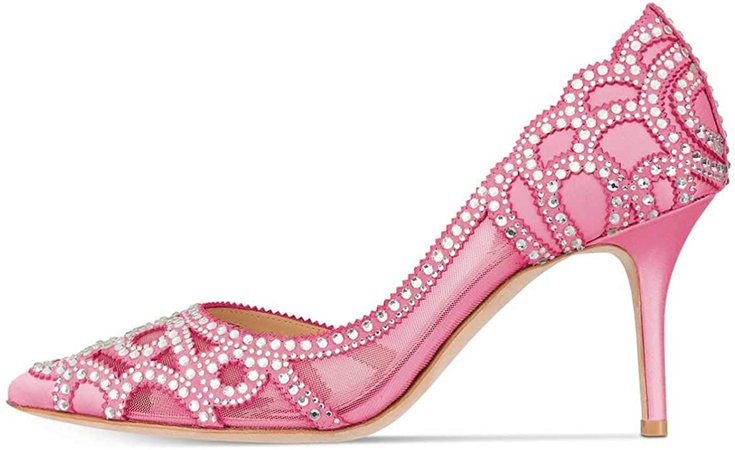 Amazon.com | XYD Women Pointy Toe Crystal Studded Bridal Pumps High Heel Slip On D'Orsay Mesh Rhinestone Wedding Dress Shoes Size 5 Pink | Pumps