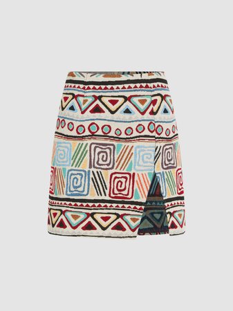 Geometric Pattern Split Short Skirt