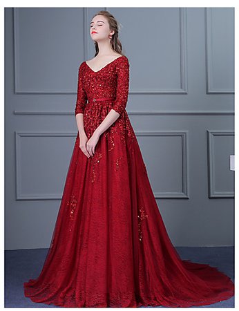Ball Gown V Neck Court Train Tulle Formal Evening Dress with Beading / Appliques by LAN TING Express 5095762 2019 – $229.99