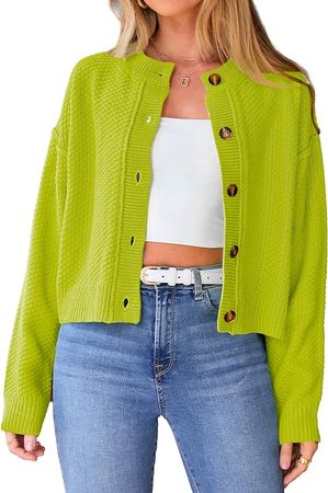 PRETTYGARDEN Women's Open Front Button Down Y2K Cardigan Sweaters Drop Shoulder Plain Knit Outerwear Winter Coats 2024(Solid Fluorescent Green,Large) at Amazon Women’s Clothing store
