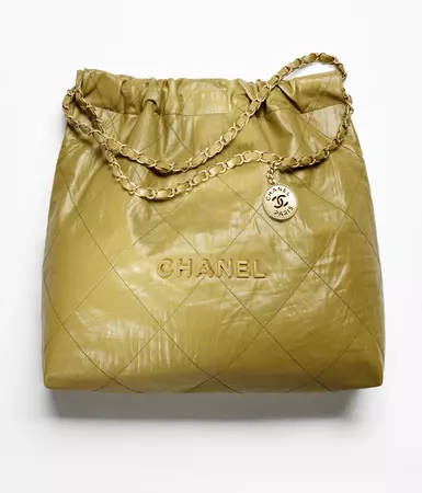 Chanel 22 handbag, Crumpled calfskin & gold metal, green — Fashion | CHANEL