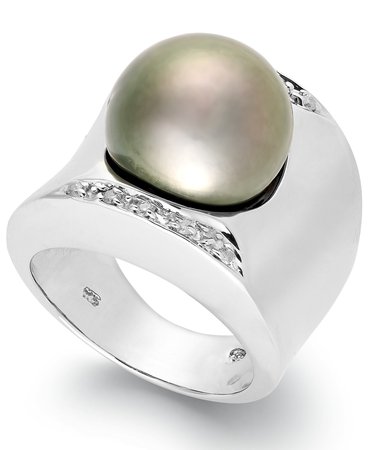 Macy's Sterling Silver Tahitian Pearl and Diamond Ring